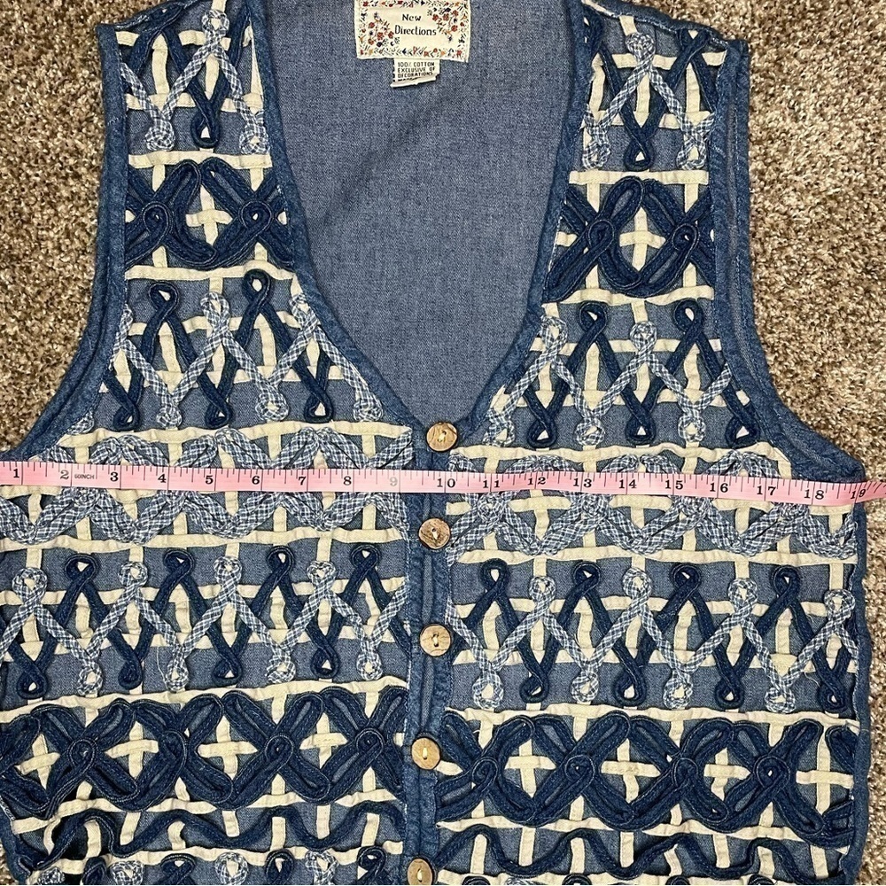 Vintage Denim Crochet Lace Vest Women’s M Boho Western Cowgirl Button Front - Picture 4 of 7